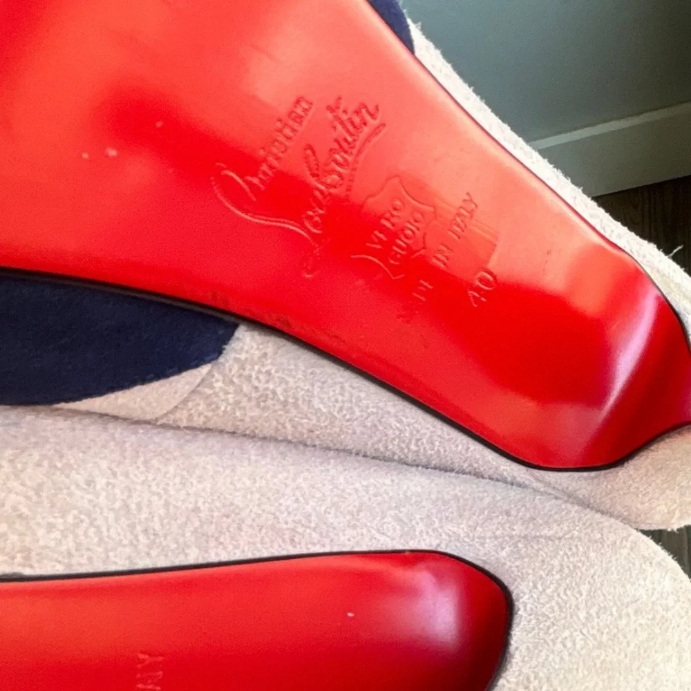 Christian Louboutin Navy and Blush Suede Pumps with Gold Cap-Toe